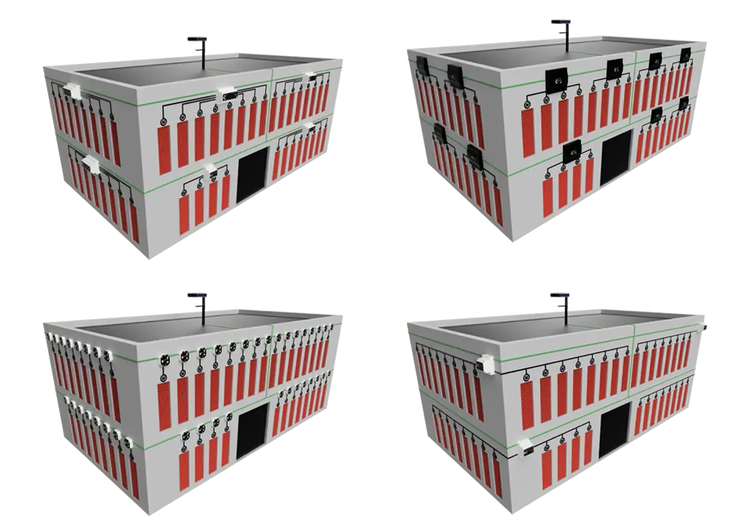 Darstellung verschiedener Gebäudemodelle mit automatisiertem Sonnenschutz und flexiblen Lösungen von 1-Kanal Unterputzaktoren bis zu 16-Kanal-Aktoren fassadenübergreifend mit SMI – Experten für Gebäudeautomation und Sonnenschutz.